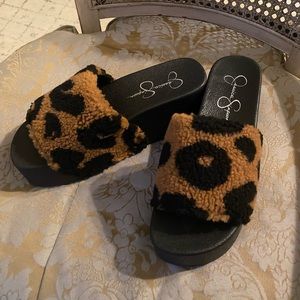 Jessica Simpson faux shearling leopard platform sandals